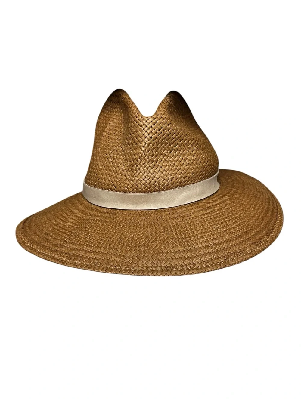 🌻NEW Cond. Janessa Leoné Zoe Packable Straw Fedora Brown Leather Band Size S